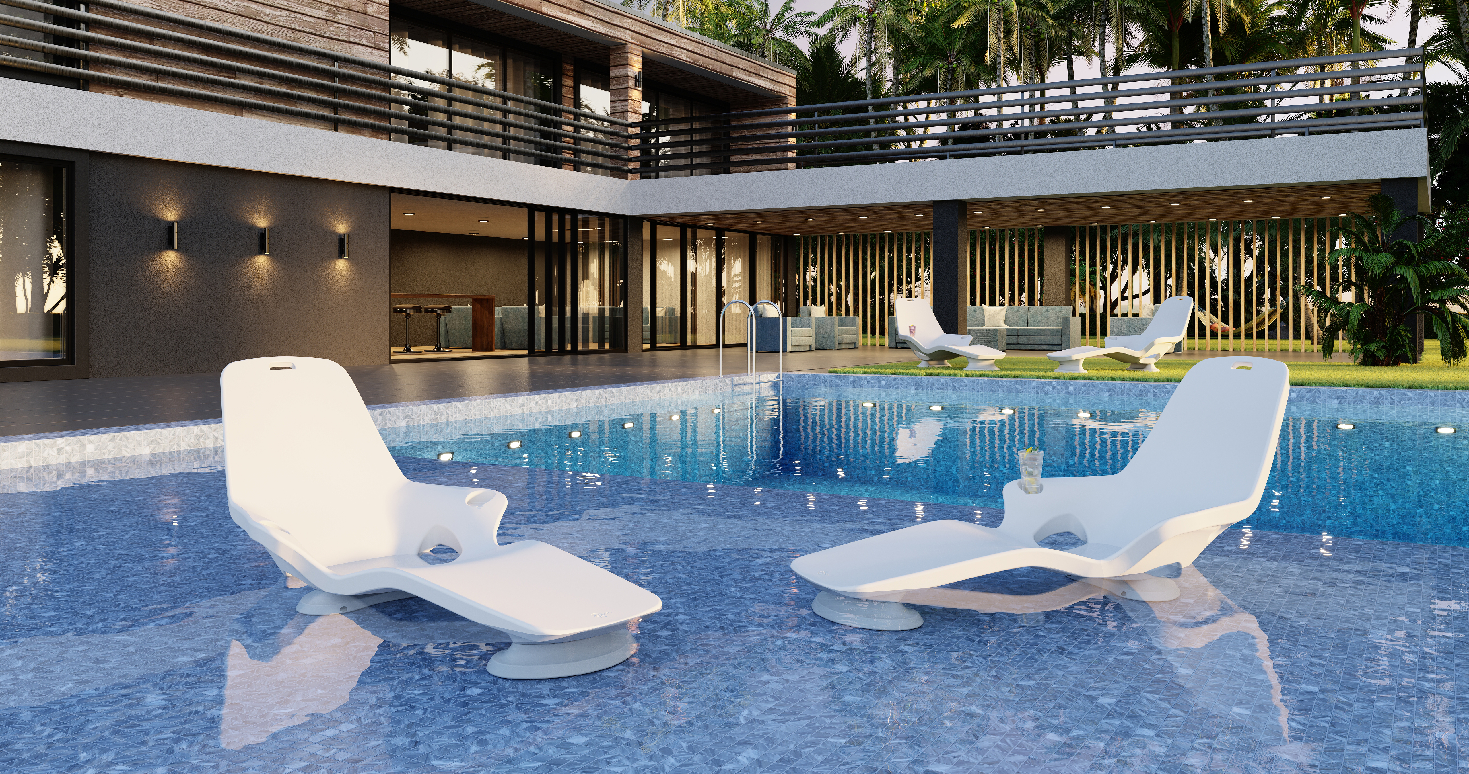 Tenjam in-pool lounger anchored on a sun shelf with the patent-pending Ballast Stabilization System